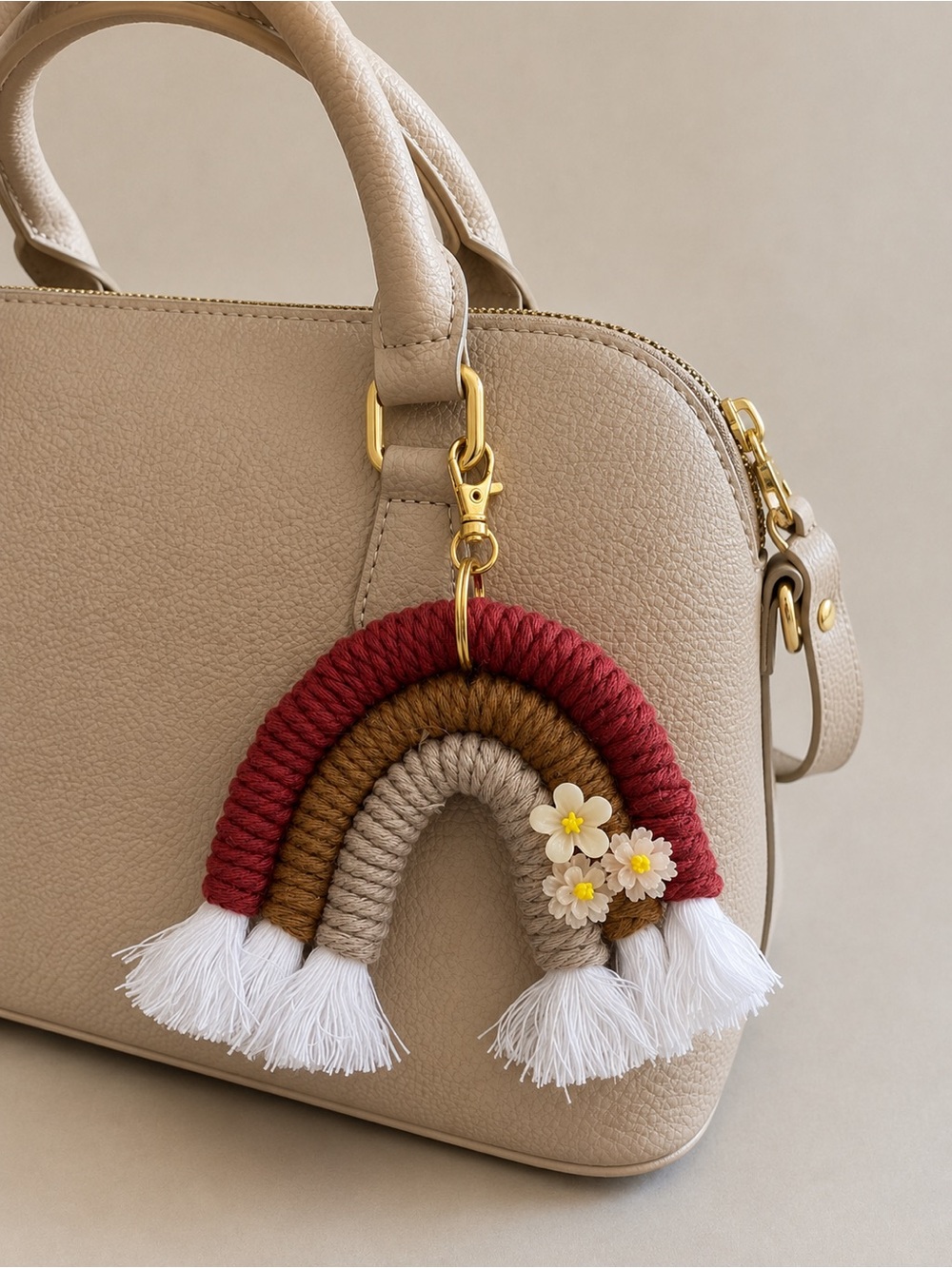 Handmade Rainbow Macrame Keychain - Purse Charm burgundy , Beige, taupe